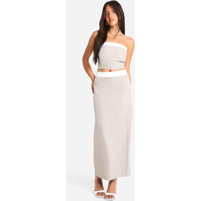 boohoo Dames Textured Linen Look Contrast Column Maxi Skirt | Taupe | Maat: 6