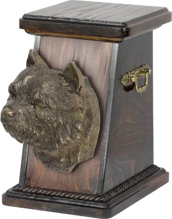 Elegante urn voor Norwich Terrier as met hondenbuste ter nagedachtenis