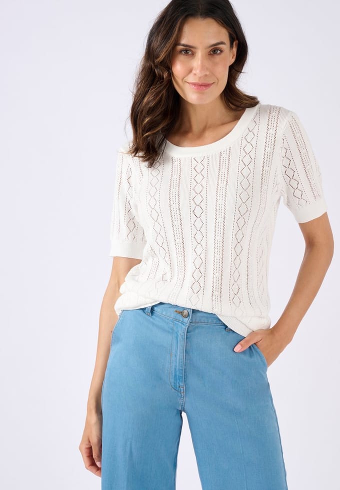 Damart - Pull zuiver katoen, jacquardtricot met ajour - Dames - Wit - L