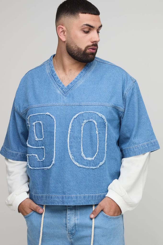 Plus Oversized Boxy Faux Layer Applique Denim Varsity Top | Light Blue | Size 2XL