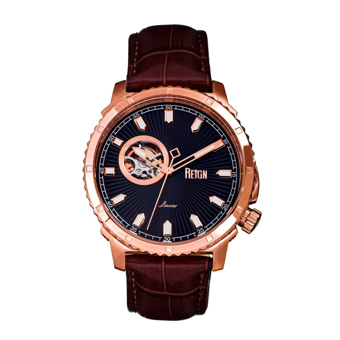 Reign Bauer automatisch semi-skelet lederen band horloge