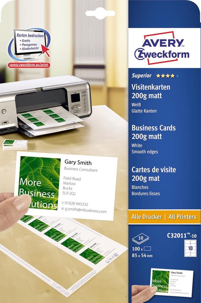 Avery visitekaarten 200 g/m², Ft 85 x 54 mm (10 per blad), doos van 10 blad 5 stuks