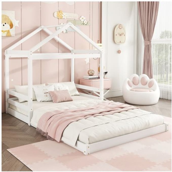 Lit d'enfant - MUVOE - 140 x 200 cm - Bois de pin et MDF - Design en forme de maison - Sommier inclus blanc