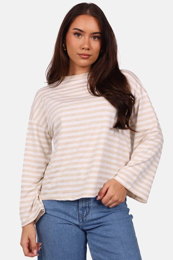 Getdrezzed Top - Maat: M - Gestreepte longsleeve in beige en wit