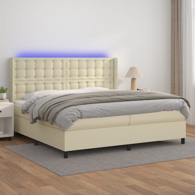 vidaXL - Boxspring - met - matras - en - LED - kunstleer - crèmekleurig - 200x200 - cm