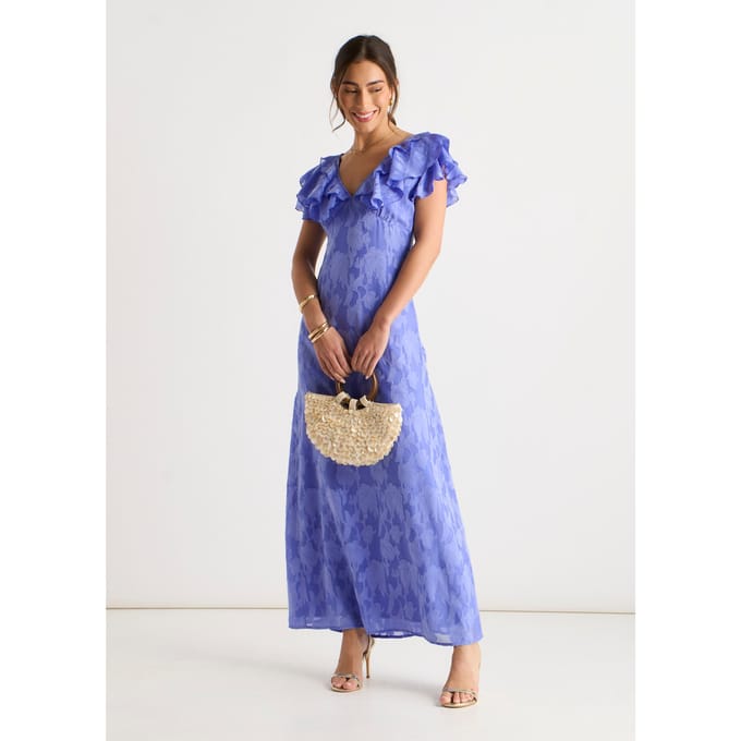 Blauwe maxi-jurk van satijnjacquard met ruches
