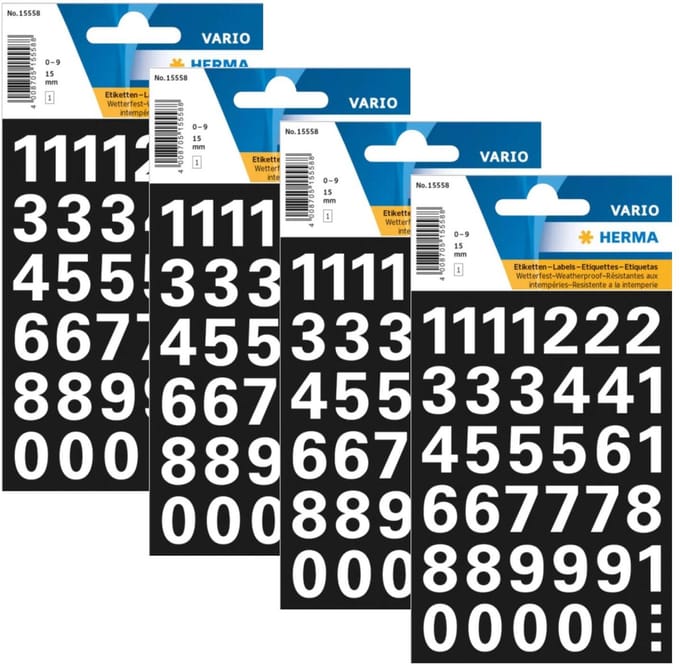 Herma Stickervel nummers - cijfers / getallen - 0 t/m 9 - 4x vellen - wit - 15 mm - watervast