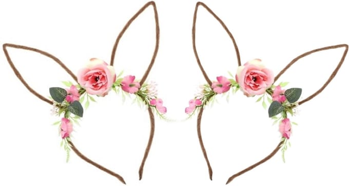 Chaks Verkleed diadeem paashaas/bunny oren - 2x - met bloemen - roze - one size