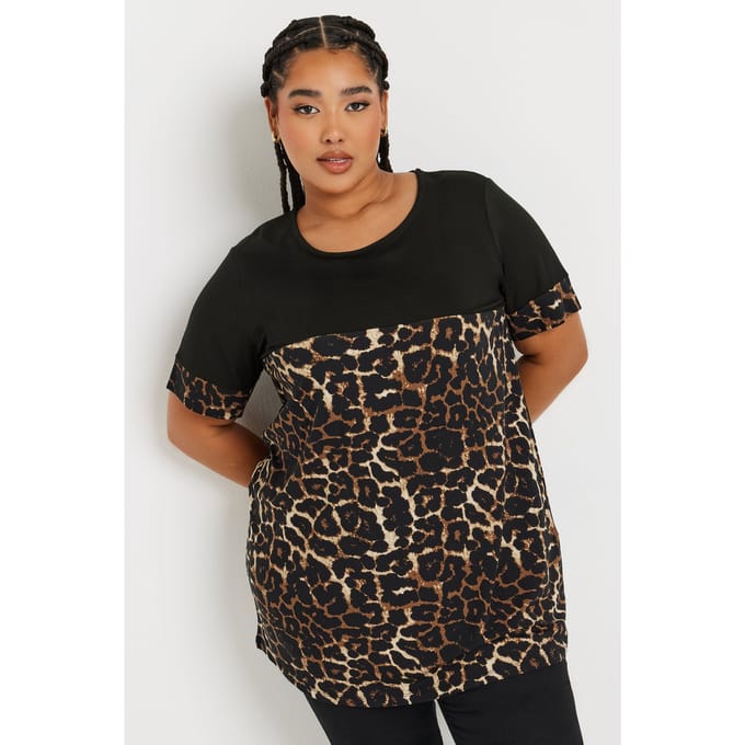 Yours Top Met Contrast En Luipaardprint In Zwart/Bruin Size 58-60