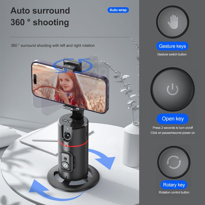 Trépied de suivi automatique du visage, support de téléphone de bureau, support à cardan pour Selfie, rotatif à 360 degrés noir