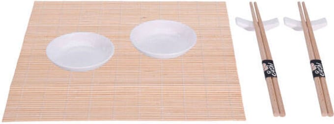 Excellent Houseware 7 delig sushi set - 1 placemat - 2 sets eetstokken - 2 bakjes - 2 blokjes voor de lepels - Wit