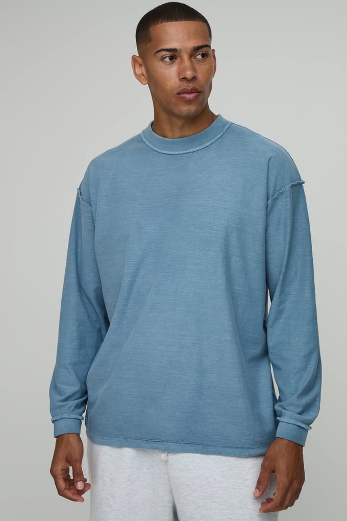 Oversized Gewassen T-shirt Met Lange Mouwen En Zichtbare Naden | Blue | Size Medium