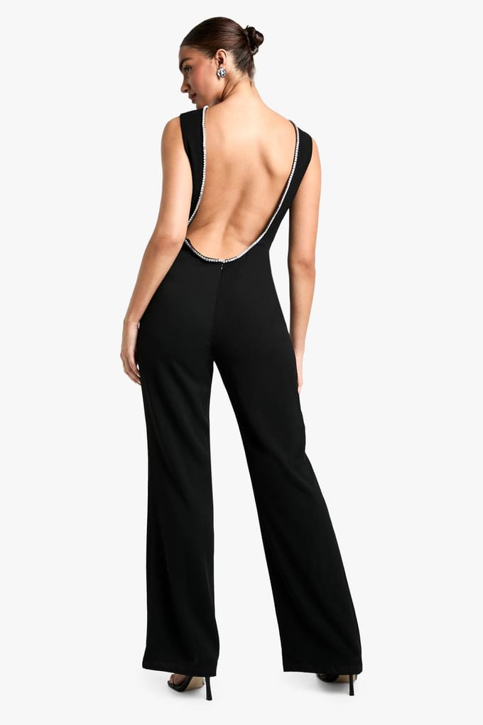 boohoo Dames Diamante Trim Low Back Jumpsuit | Zwart | Maat: 40