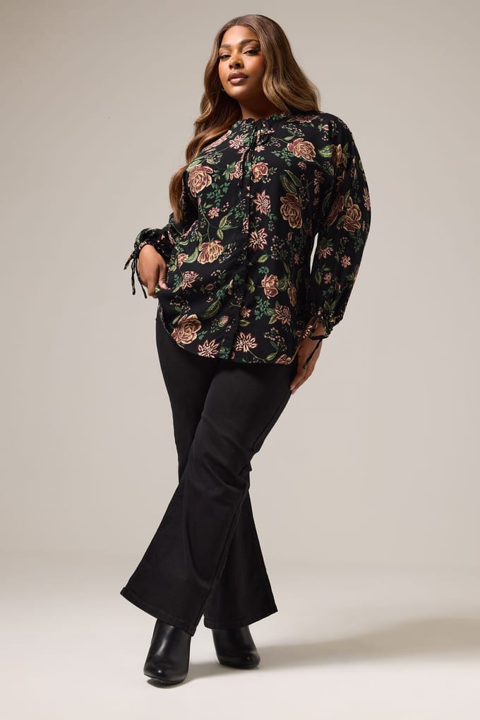 Yours Zwarte Blouse Met Bloemenstrik Size 48