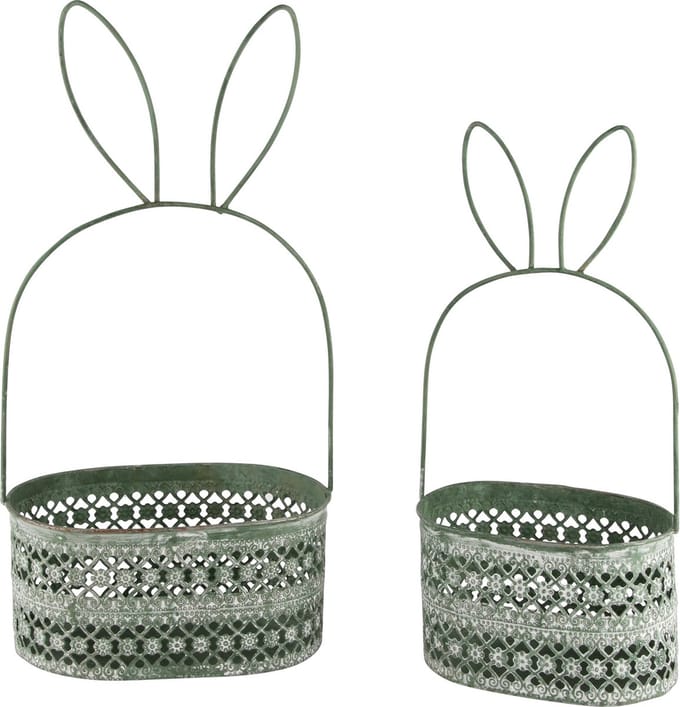 Dekoratief | Set 2 bakjes m/bunnyoren, groen, metaal, 19x13x9cm | A240763