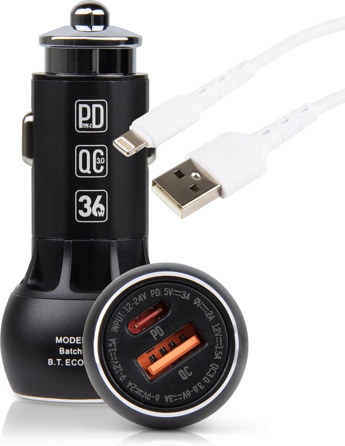 Usb oplader auto geschikt voor Lightning (iPhone/iPad/AirPods) - 2 Poorten - 1 Meter - Snellader