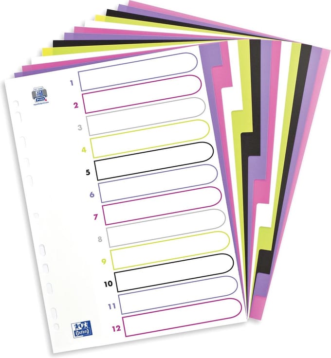 OXFORD MyColour tabbladen, formaat A4, uit gekleurde PP, 11-gaatsperforatie, 12 tabs 20 stuks