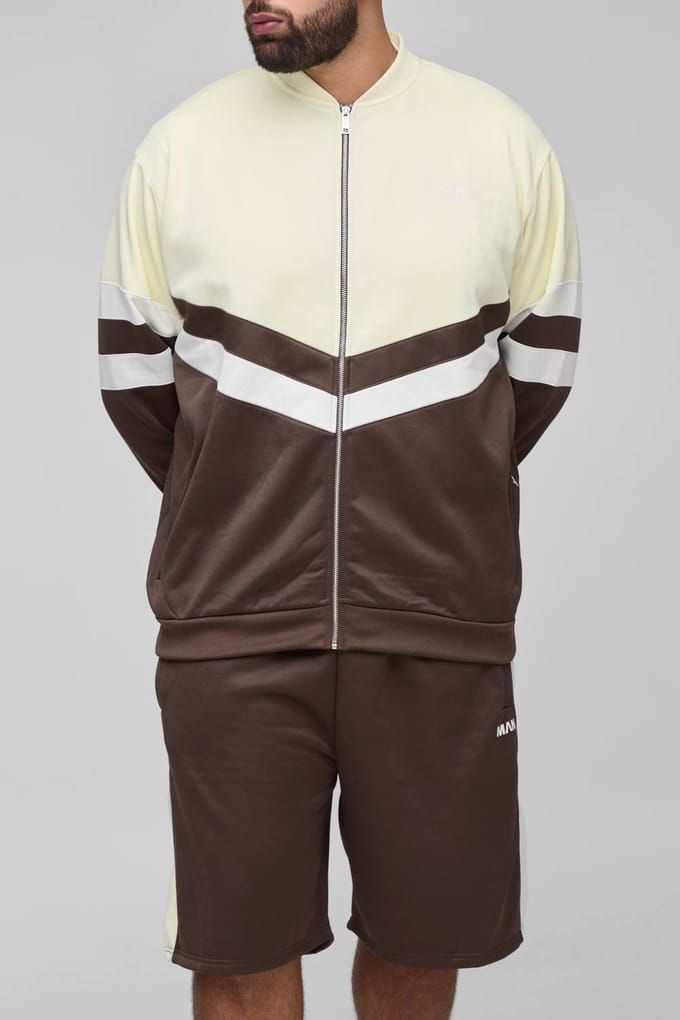 Plus Men's Tricot Colour Block Trekkraag Jas & Oversized Korte Set | Brown | Size 3XL