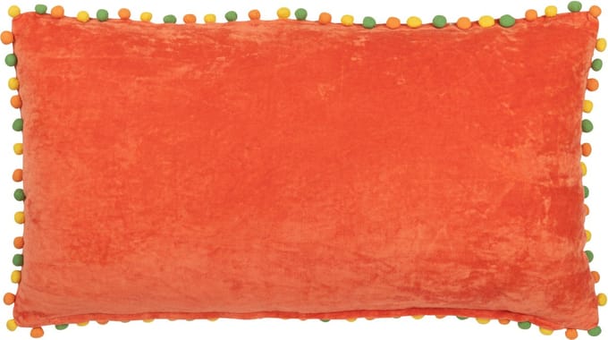 J-Line kussen Rechthoek Bloemen + Pompoms - fluweel - oranje