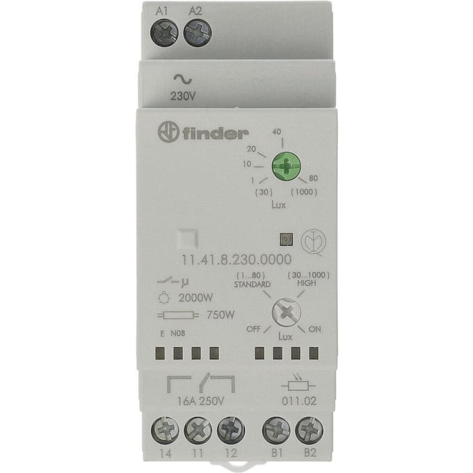 Finder 11.41.8.230.0000 Schemerschakelaar 1 stuk(s) Voedingsspanning (num):230 V/AC Lichtgevoeligheid: 1, 30 - 80, 1000 lx, lx 1x wisselcontact