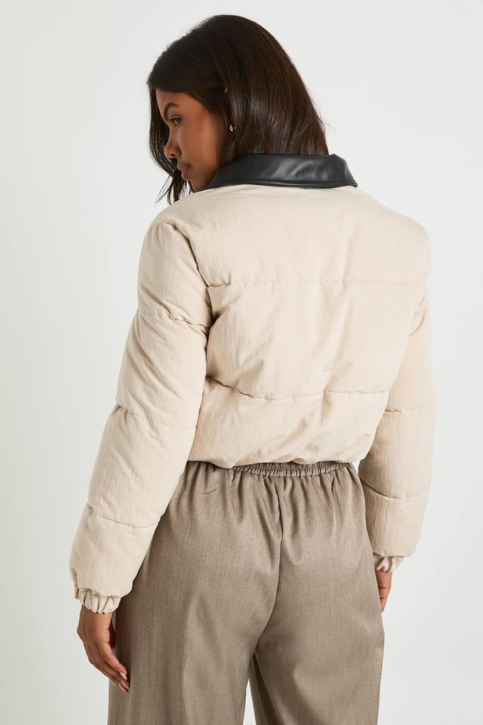 boohoo Dames Opgevulde pufferjas met contrasterende kraag | Steen | Maat: 40