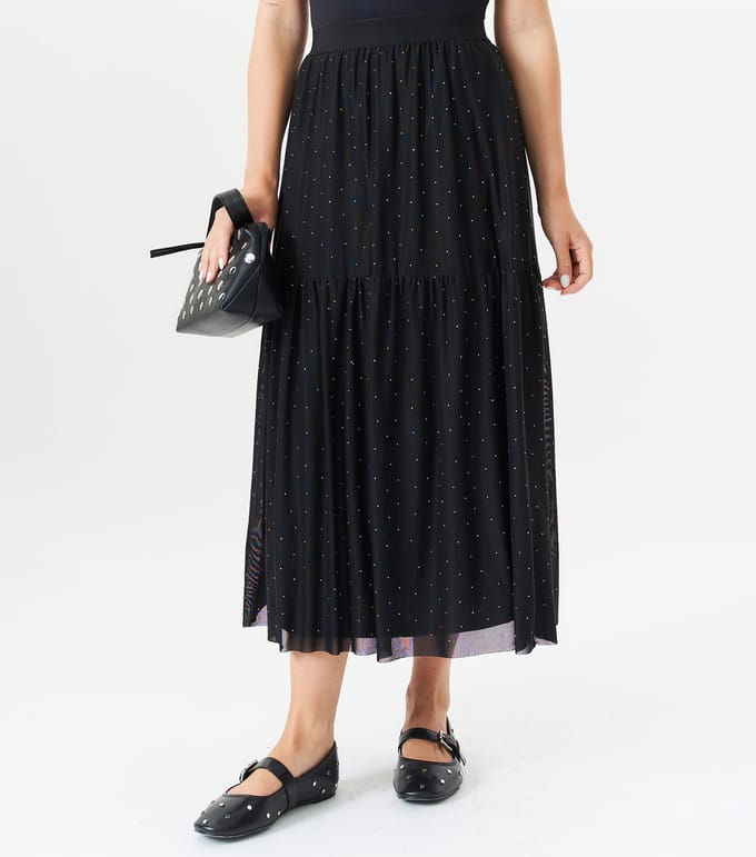Zwarte maxi-rok van mesh met diamanten