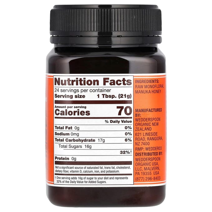 Wedderspoon, Rauwe monoflorale manukahoning, KFactor 16, 1,1 lb (500 gr)