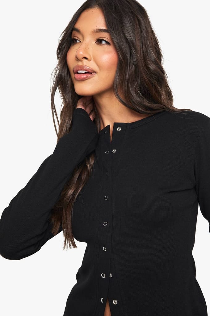 boohoo Dames Rib Popper Front Langmouwen Top | Zwart | Maat: 34