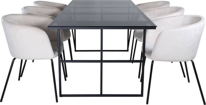 Leif eethoek eetkamertafel rokerig glas en 6 Berit eetkamerstal velours beige.