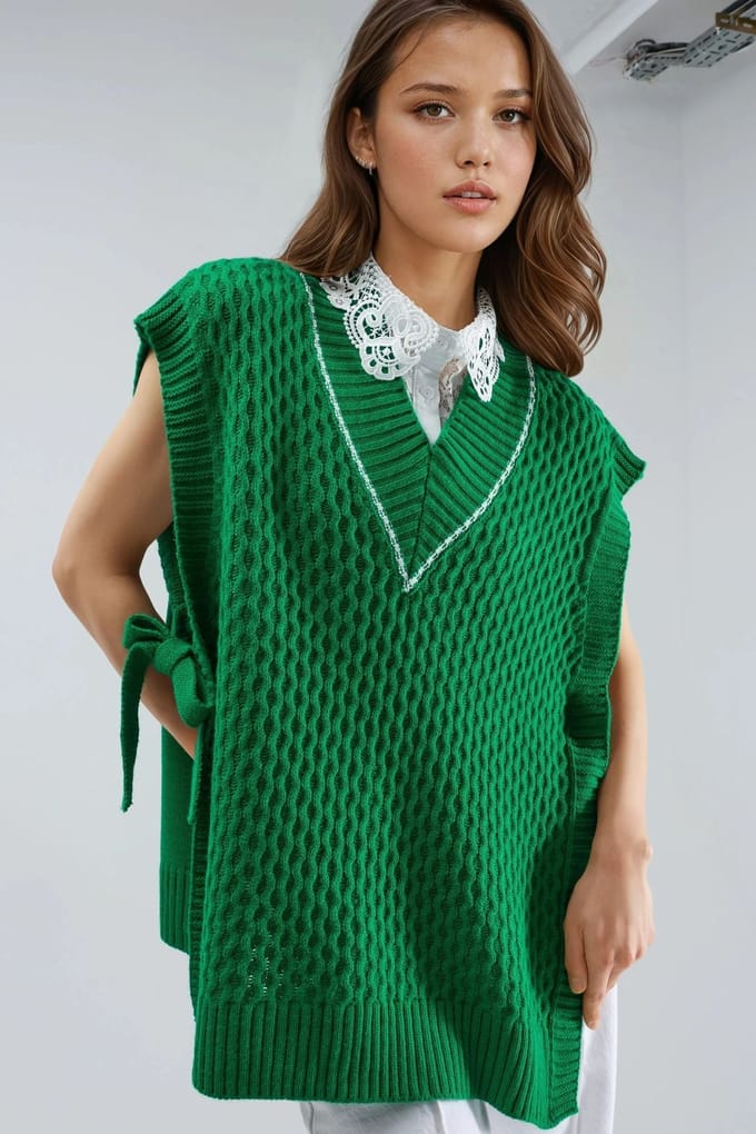 GebreideSweatervest met Patroon en Strikdetail
