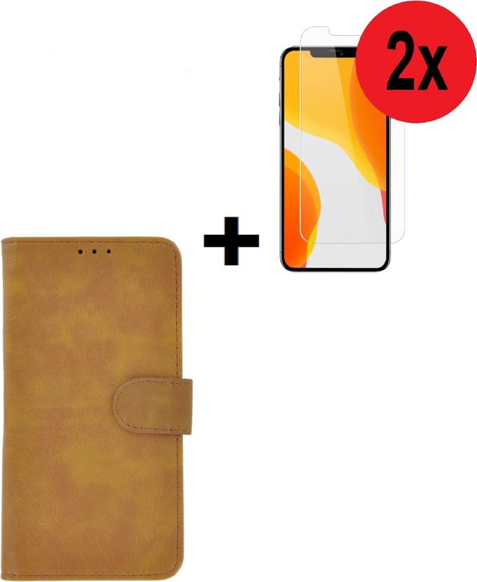 Geschikt voor iPhone 12 Hoesje + 12 Screenprotector - 12 hoes Wallet Bookcase Bruin + 2x Screenprotector