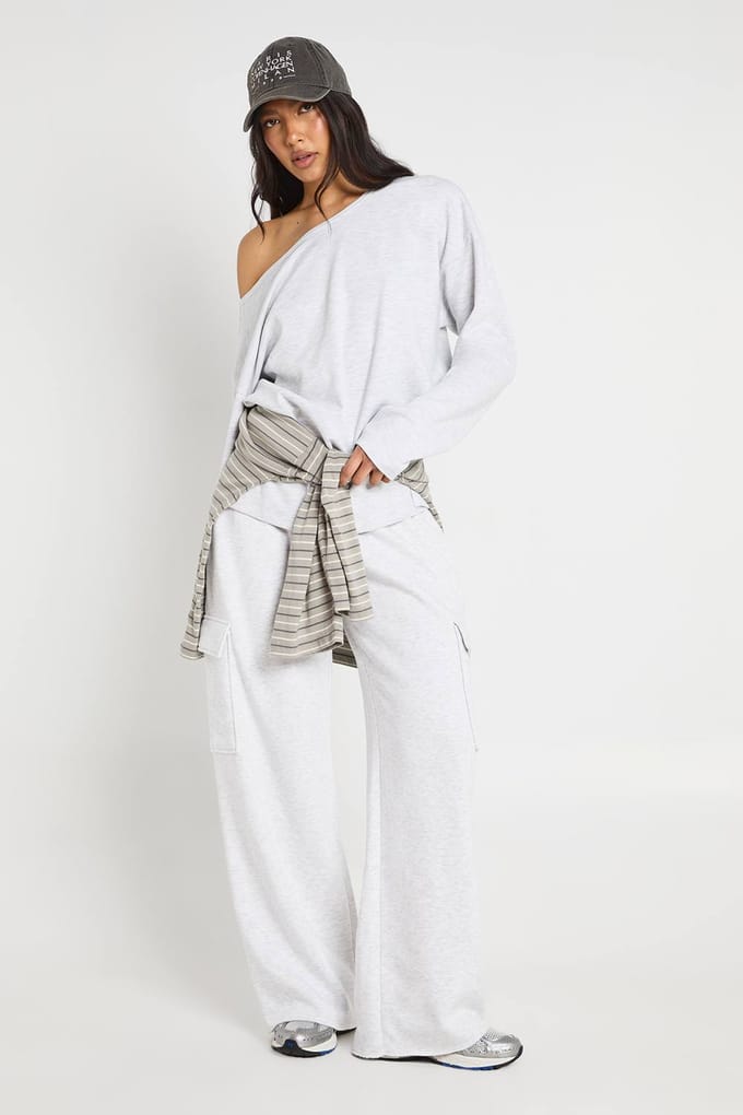 boohoo Dames Lang Interlock Off-shoulder Sweatshirt | Ash Grey | Maat: XS