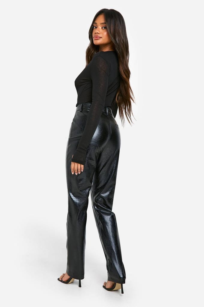boohoo Dames Slim Fit Croc PU Broek | Black | Maat: 8