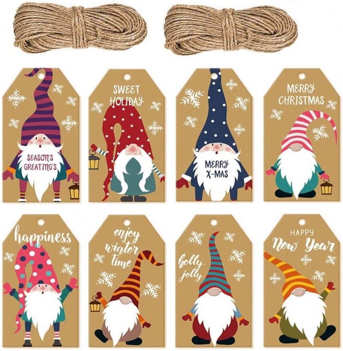 100 stuks Cadeau labels kerst kabouters 5x3 cm met jute touw