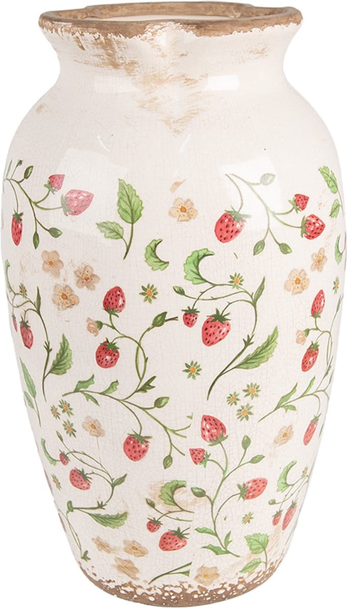 Clayre & Eef Vaas Ø 21x37 cm Beige Rood Keramiek Aardbeien