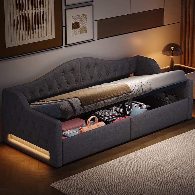 Komhtom Gestoffeerd rustbed 90x200 met ledstrip en opbergruimte onder het bed, grijs