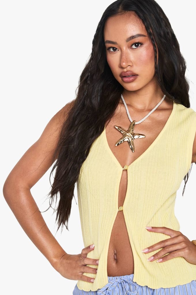 boohoo Dames Button Front Rib Knitted Waistcoat | Lemon | Maat: Large