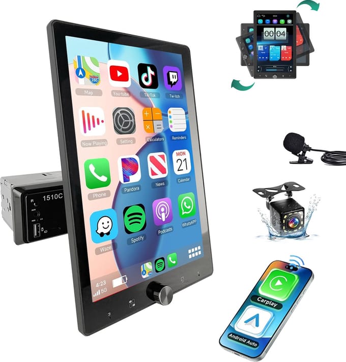 ESSGOO 1 Din Autoradio - Apple Carplay & Android Auto - 10.4 inch HD verstelbaar scherm - usb, aux, Bluetooth - Achteruitrijcamera & Microfoon