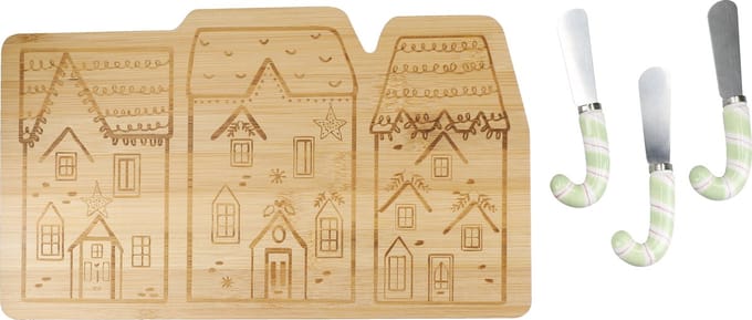 Kaasplank, Serveerplank met Kaasmessen Set, 4-Delig, Bamboe, Huisjes - KitchenCraft | The Nutcracker Collection