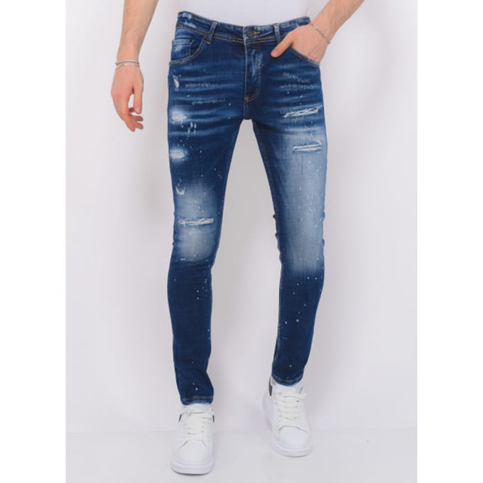 Stretch Denim with Paint Splash Heren - Slim Fit -1074- Blauw
