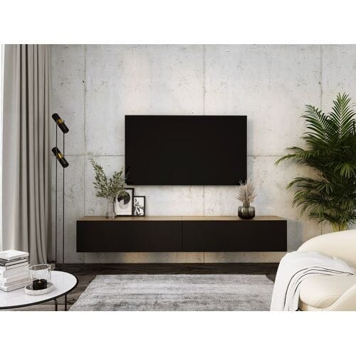 Hangend tv-meubel, (2 x 100) x 34 x 32 cm, Wotan eiken / mat zwart
