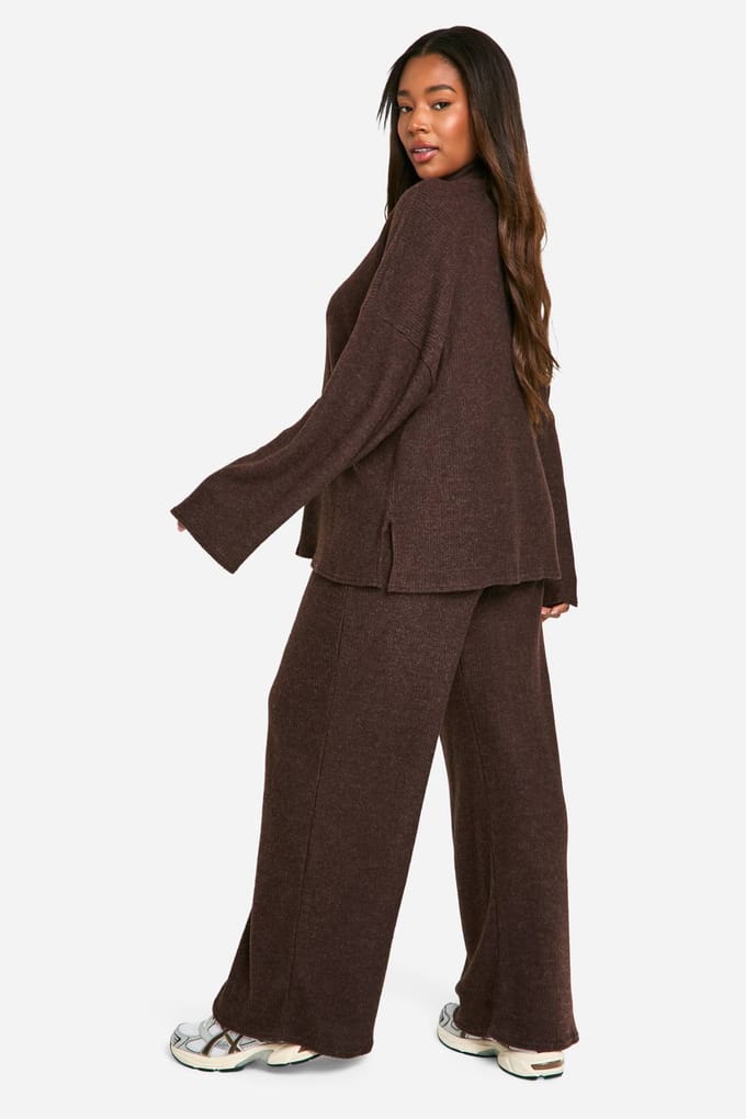 boohoo Dames Plus Soft Rib Slouchy Trui & Wijde Broek | Chocoladebruin | Maat: 46