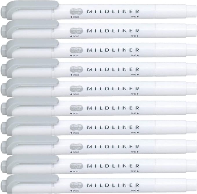 Zebra Mildliner Double-Sided Highlighter - Fine / Bold – Mild Gray Set van 10 + een Zipperbag - WKT7-MGR