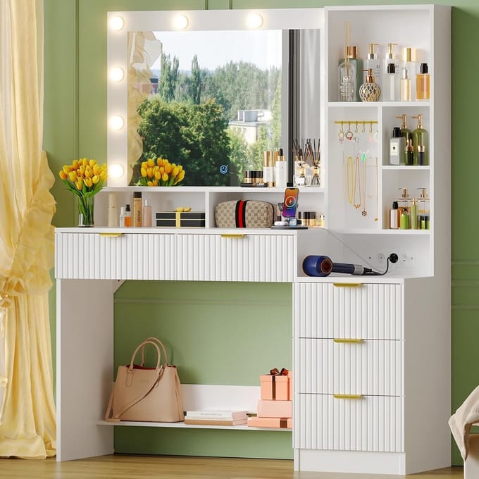 Kaptafel met LED Spiegel, Make-up Tafel met Opbergruimte en Lades