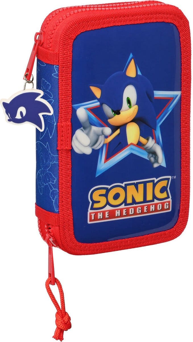 Dubbele etui Sonic Let's roll Marineblauw 12.5 x 19.5 x 4 cm (28 Onderdelen)