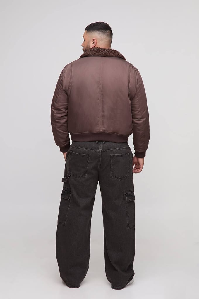 Plus Regular Fit Boucle Borg Collar Nylon Bomber Jacket | Chocolate | Size 2XL