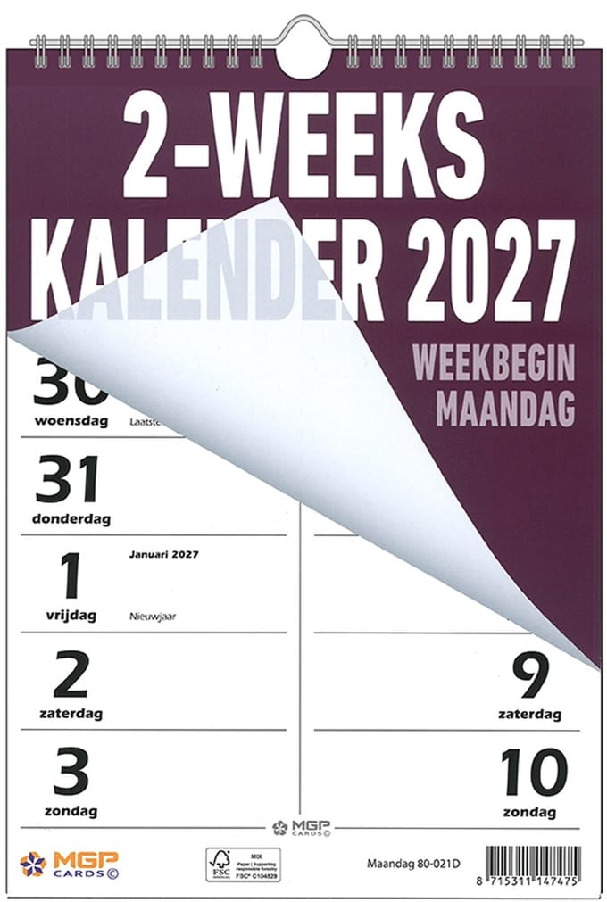 MGPcards - 2-Weeks kalender 2027 - 2 weken 1 pagina - Wire O - Weekbegin maandag - Purper - 21 x 30 cm