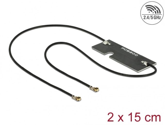 Delock WLAN 802.11 ac/a/h/b/g/n Twin Antenna 2 x I-PEX Inc., MHF® 4L plug 3 - 5 dBi 1.13 2 x 15 cm PCB internal self adhesive