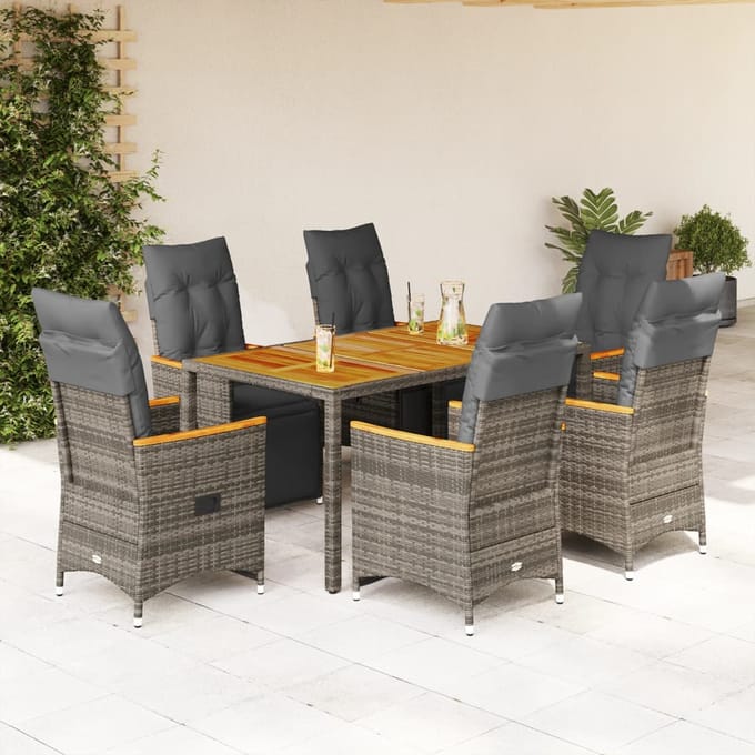 vidaXL - 7-delige - Bistroset - met - kussens - poly - rattan - grijs