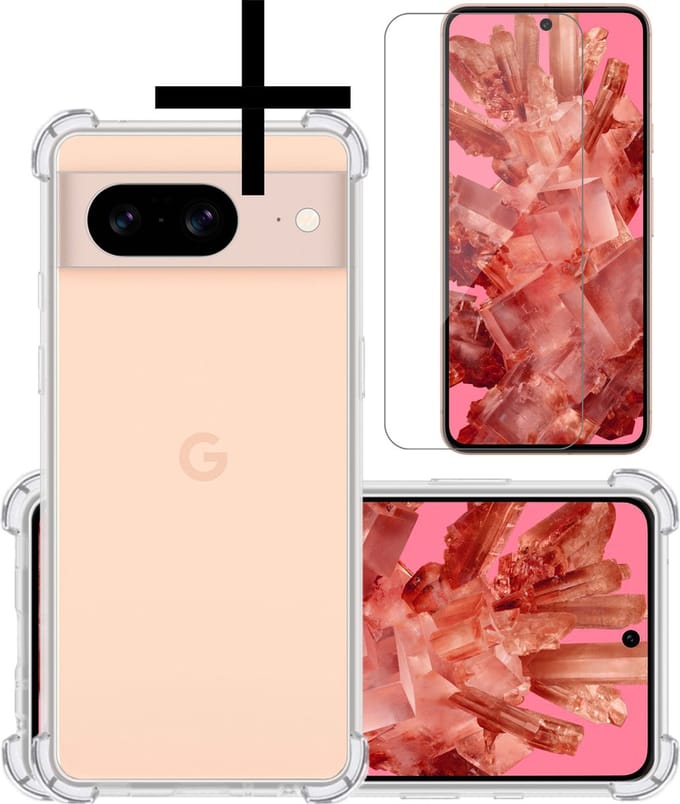 Hoesje - Met Screenprotector - Geschikt voor Google Pixel 8 - Sterk & Shockproof - Siliconen Case - Back Cover - Telefoon Hoes - Shock Proof - Transparant